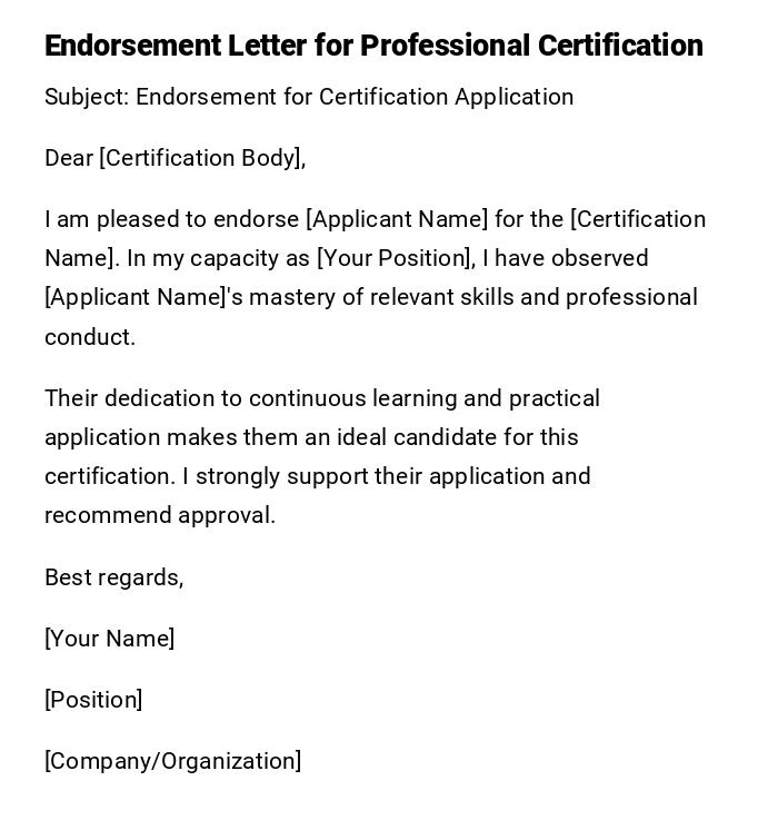 Endorsement Letter for Professional Certification Endorsement Letter for Professional Certification
