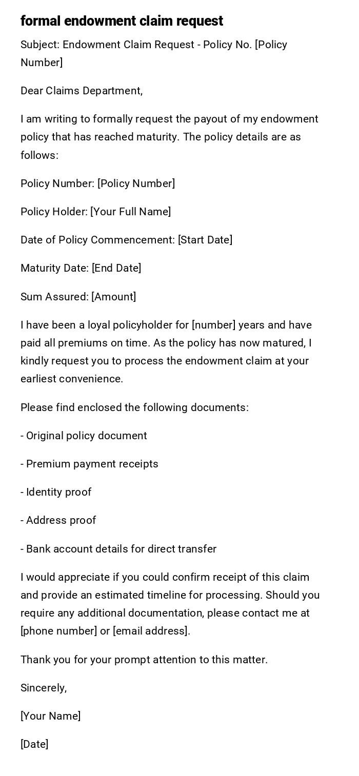 formal endowment claim request formal endowment claim request