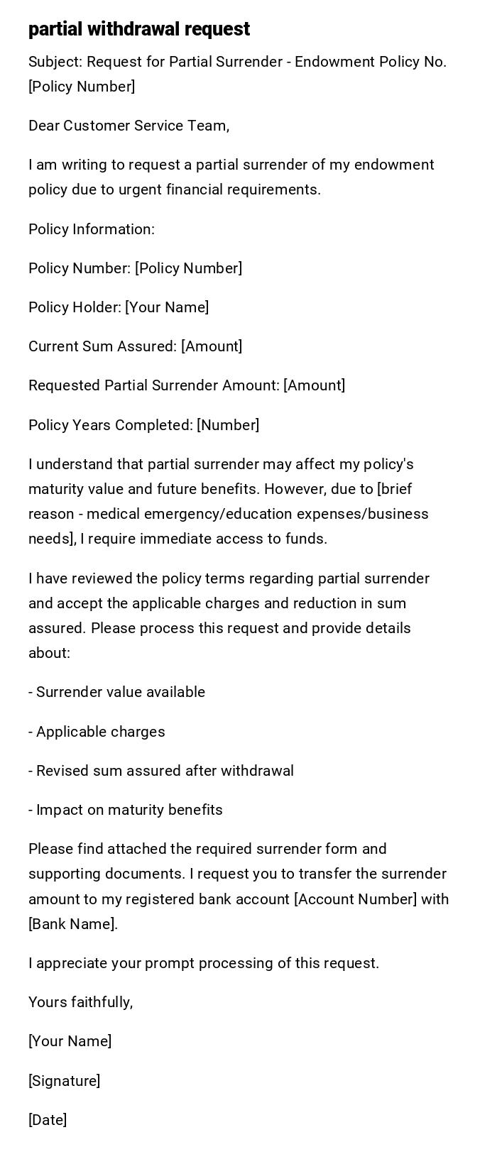 partial withdrawal request partial withdrawal request