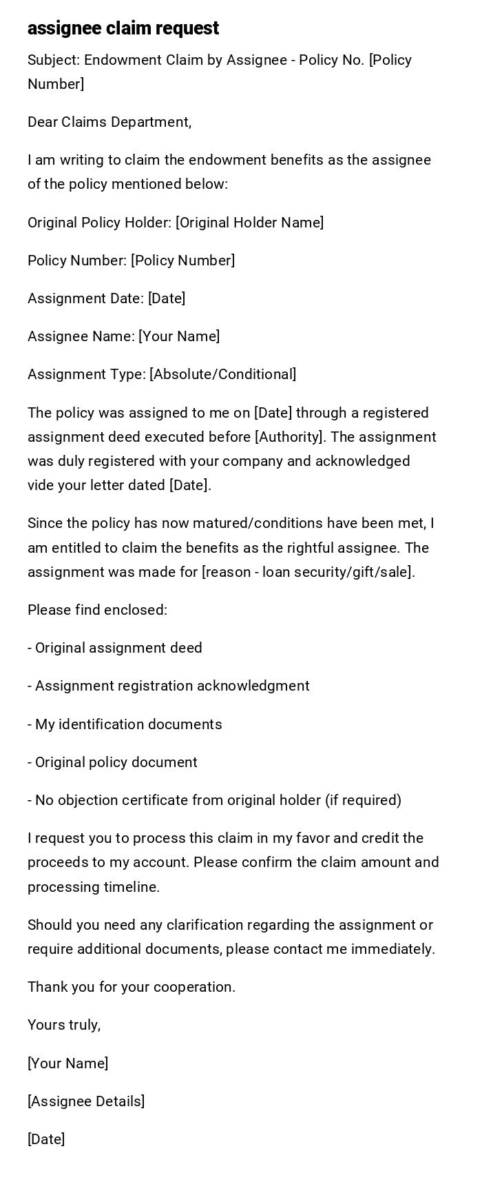 assignee claim request assignee claim request