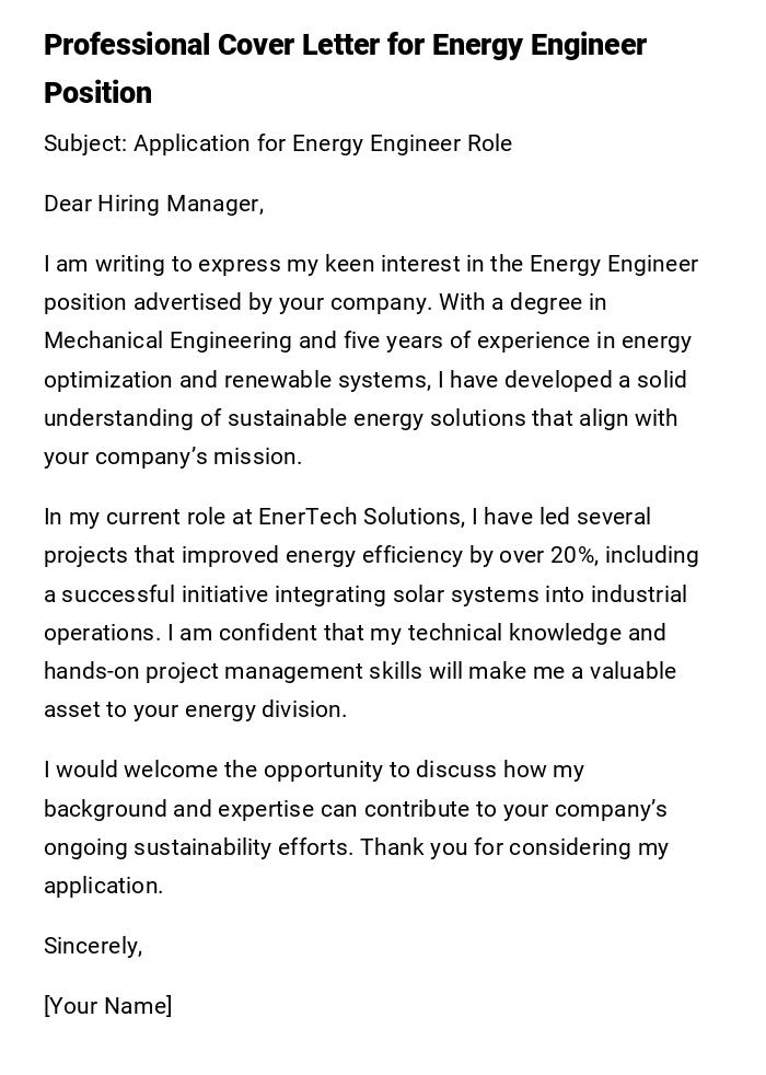 Professional Cover Letter for Energy Engineer Position