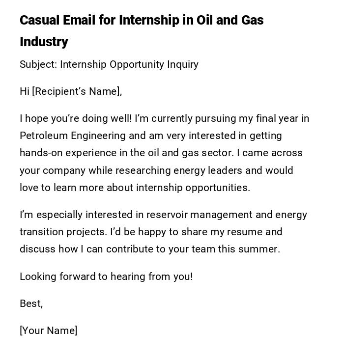Casual Email for Internship in Oil and Gas Industry