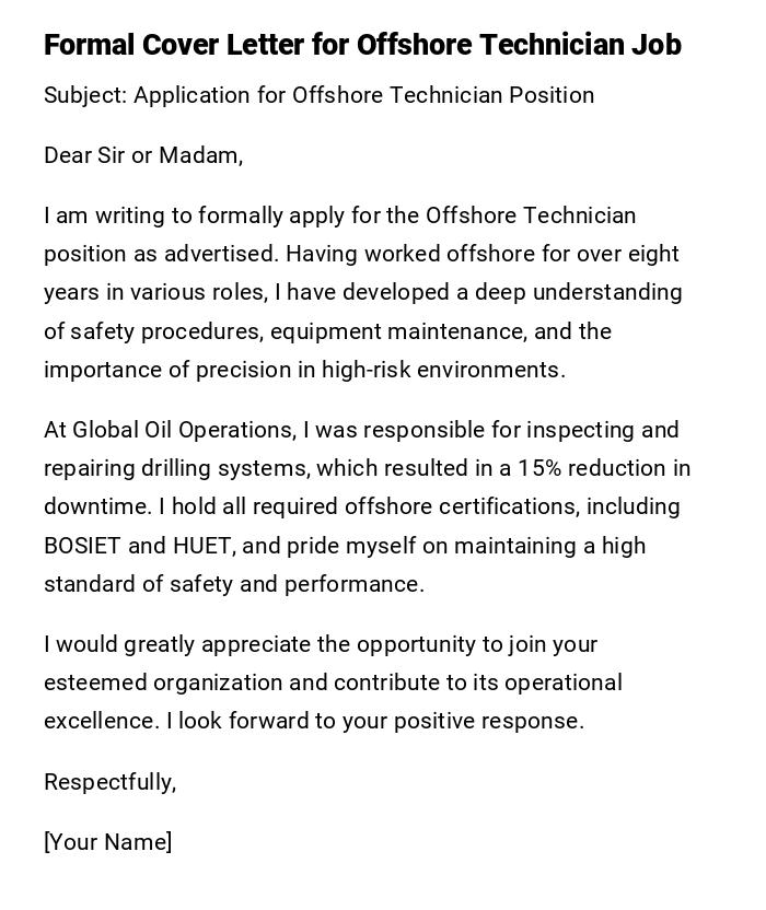Formal Cover Letter for Offshore Technician Job