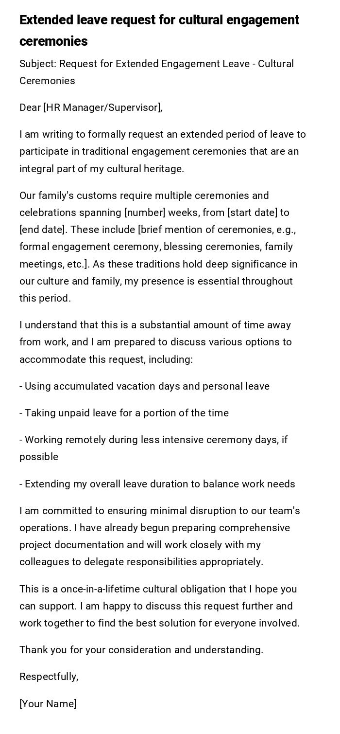 Extended leave request for cultural engagement ceremonies Extended leave request for cultural engagement ceremonies