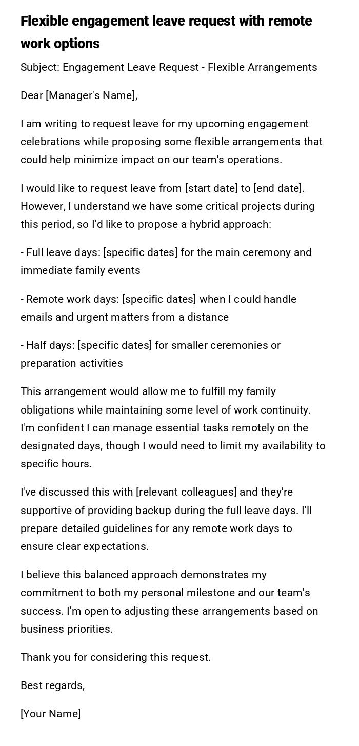 Flexible engagement leave request with remote work options Flexible engagement leave request with remote work options