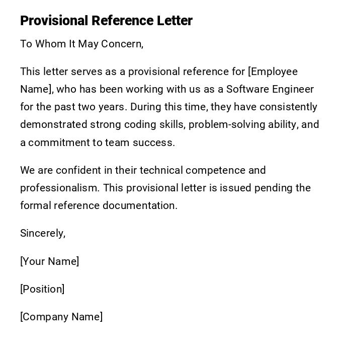 Provisional Reference Letter Provisional Reference Letter