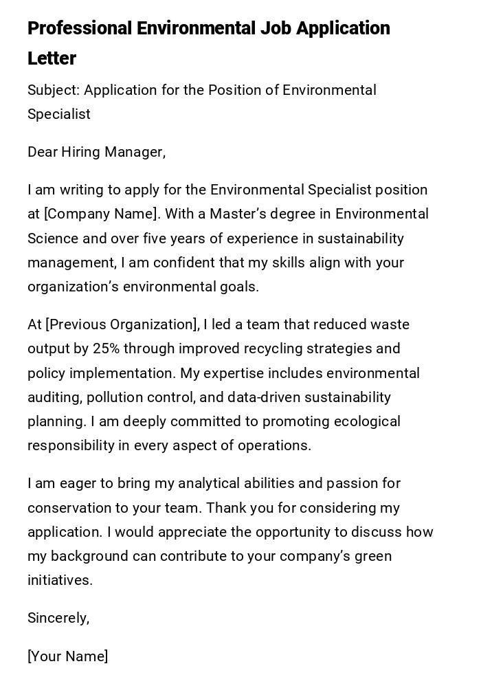 Professional Environmental Job Application Letter Professional Environmental Job Application Letter