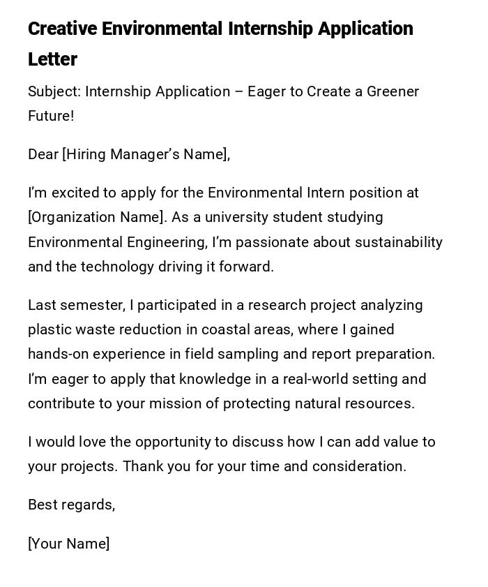 Creative Environmental Internship Application Letter Creative Environmental Internship Application Letter