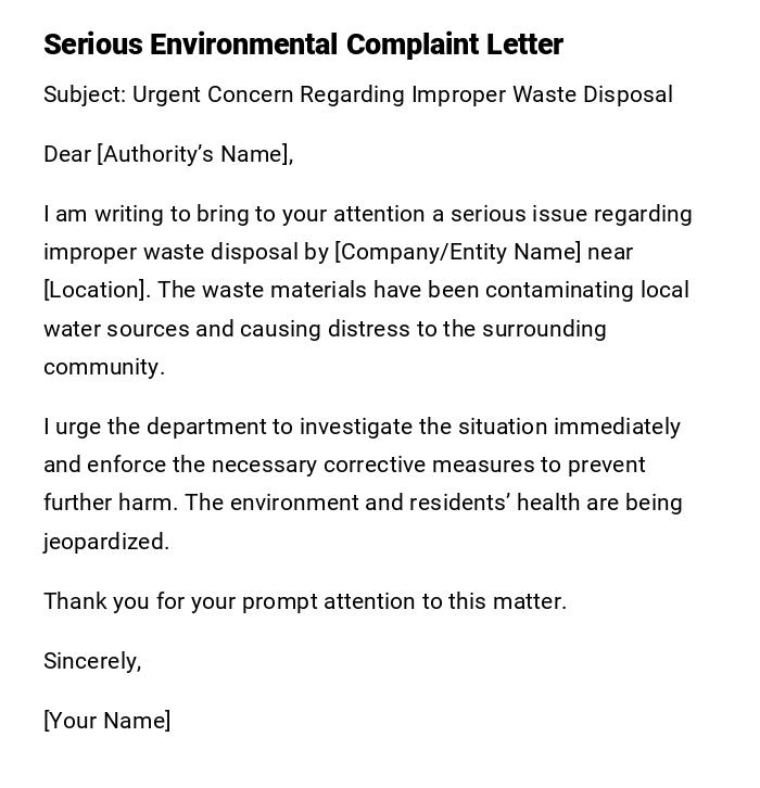 Serious Environmental Complaint Letter Serious Environmental Complaint Letter