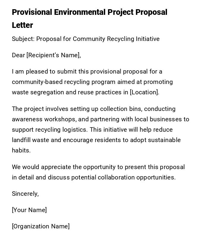 Provisional Environmental Project Proposal Letter Provisional Environmental Project Proposal Letter