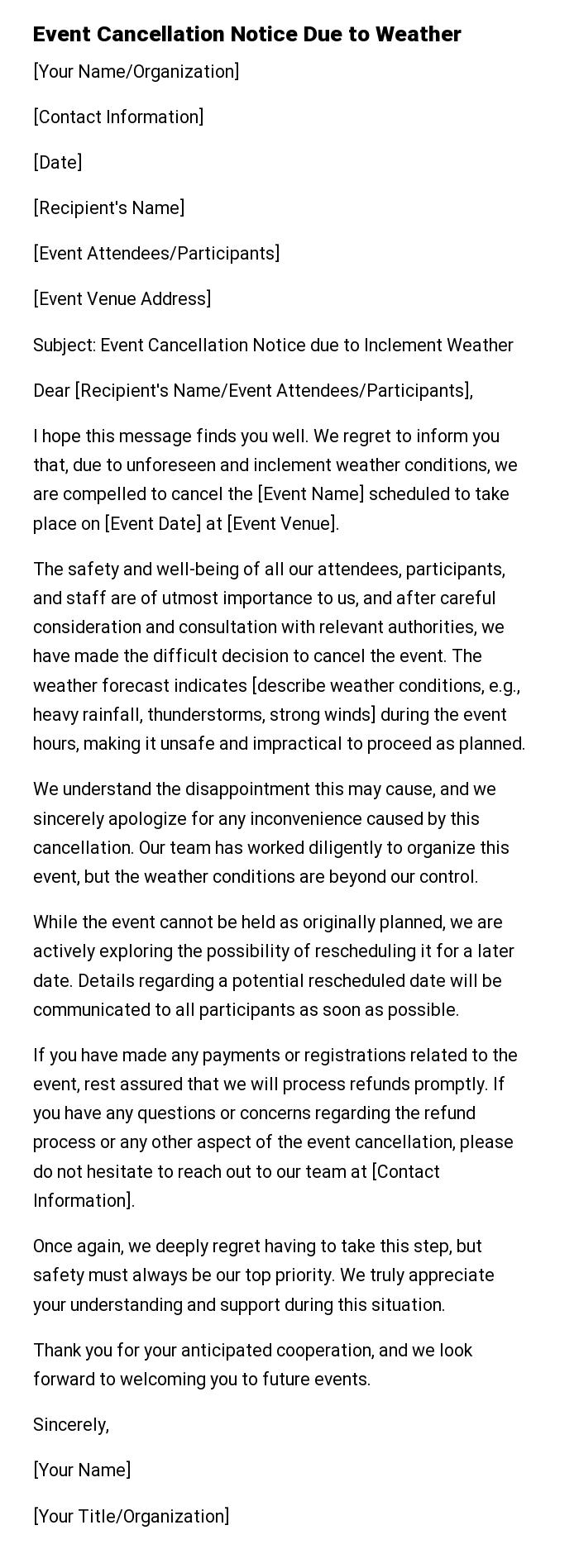 Event Cancellation Notice Due to Weather