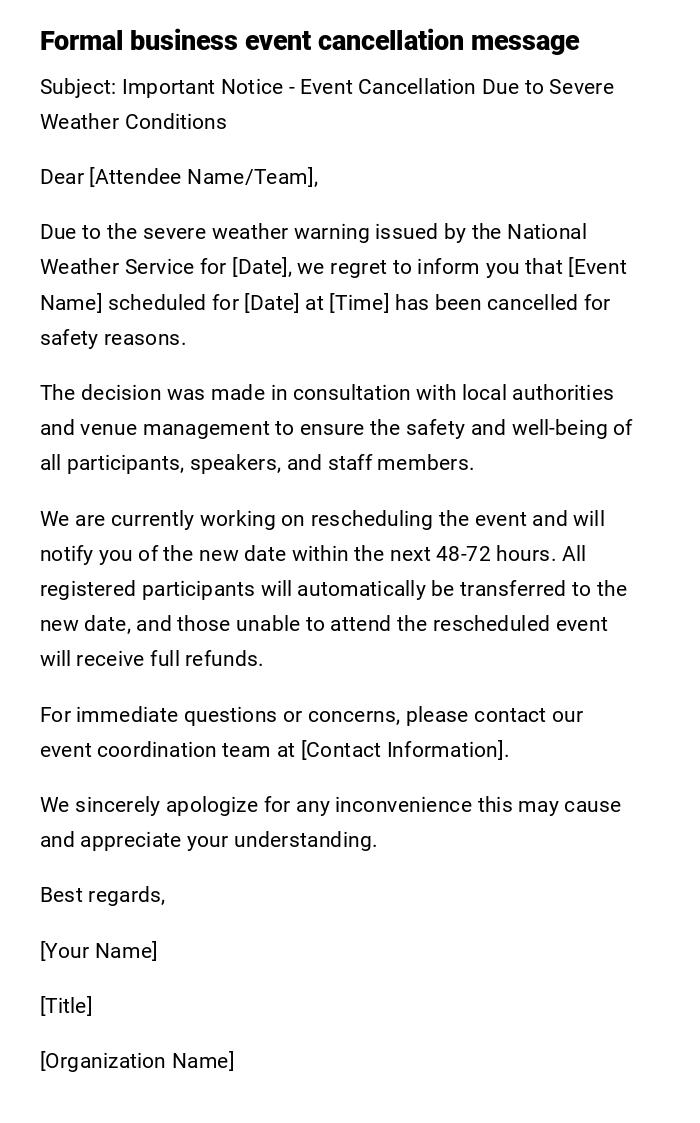 Formal business event cancellation message