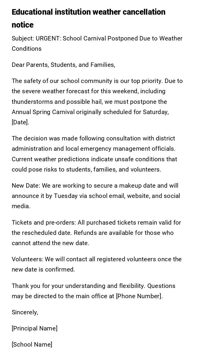 Educational institution weather cancellation notice