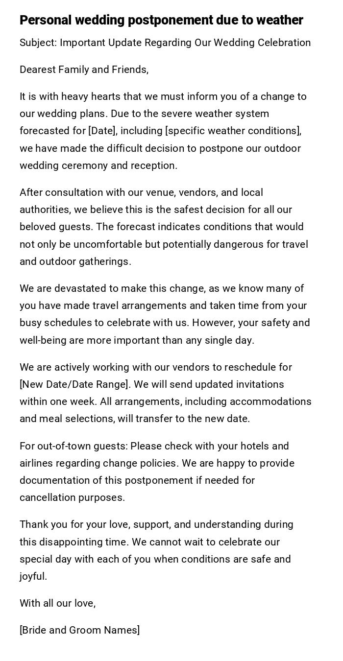 Personal wedding postponement due to weather