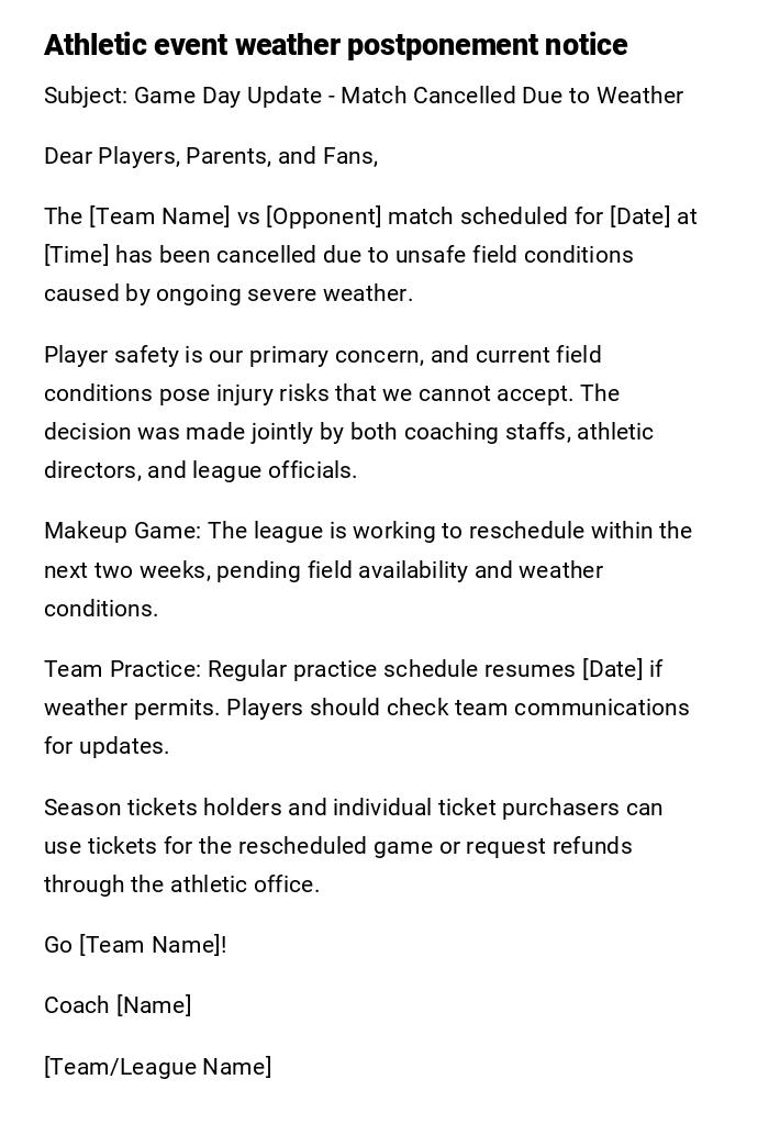 Athletic event weather postponement notice