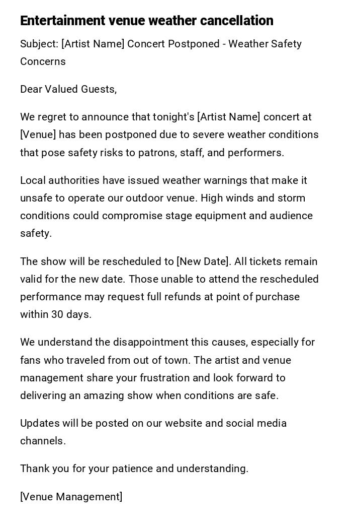 Entertainment venue weather cancellation