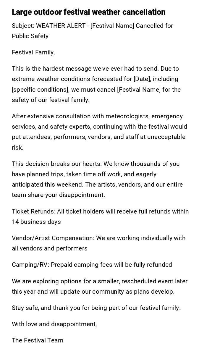 Large outdoor festival weather cancellation