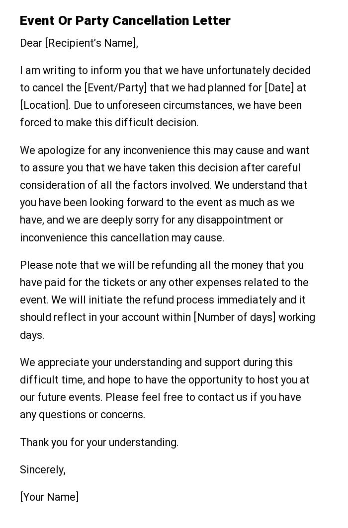 Event Or Party Cancellation Letter
