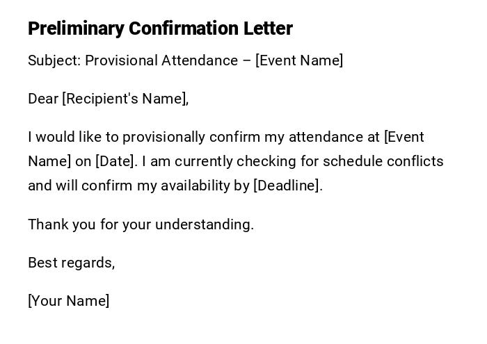 Preliminary Confirmation Letter