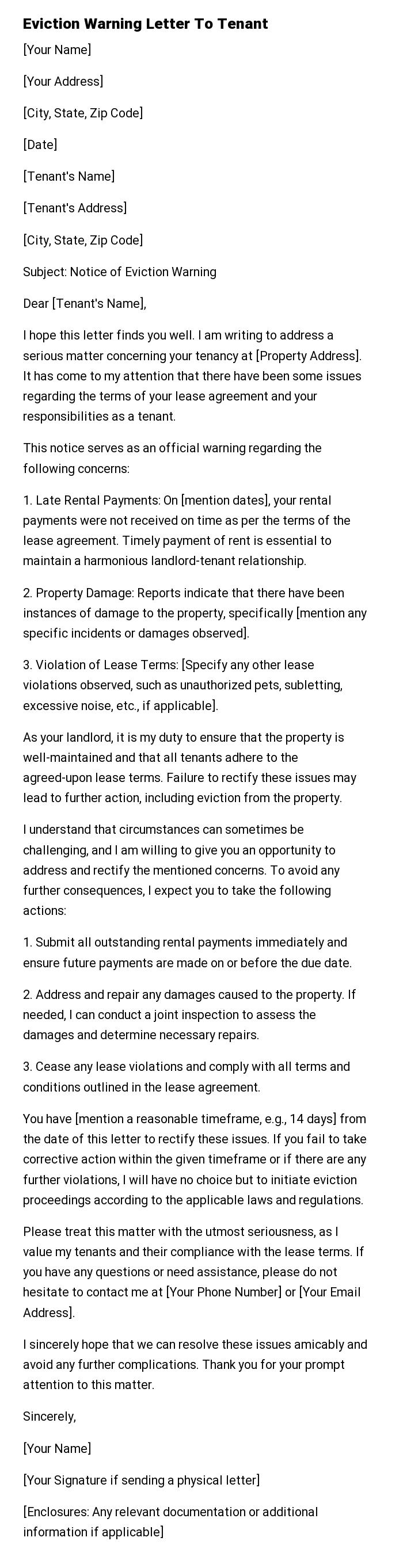 Eviction Warning Letter To Tenant