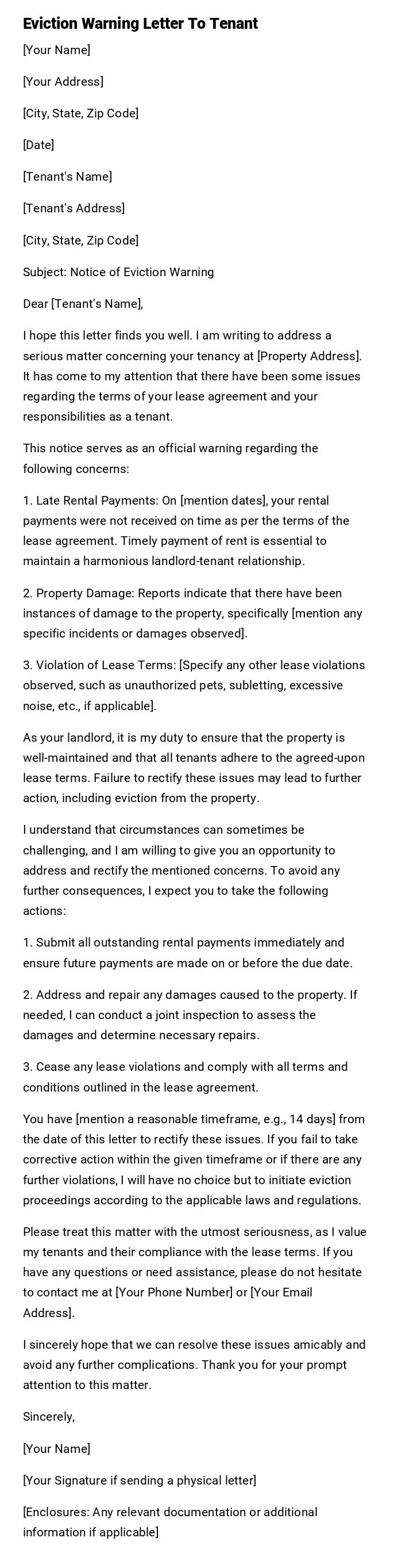 Eviction Warning Letter To Tenant