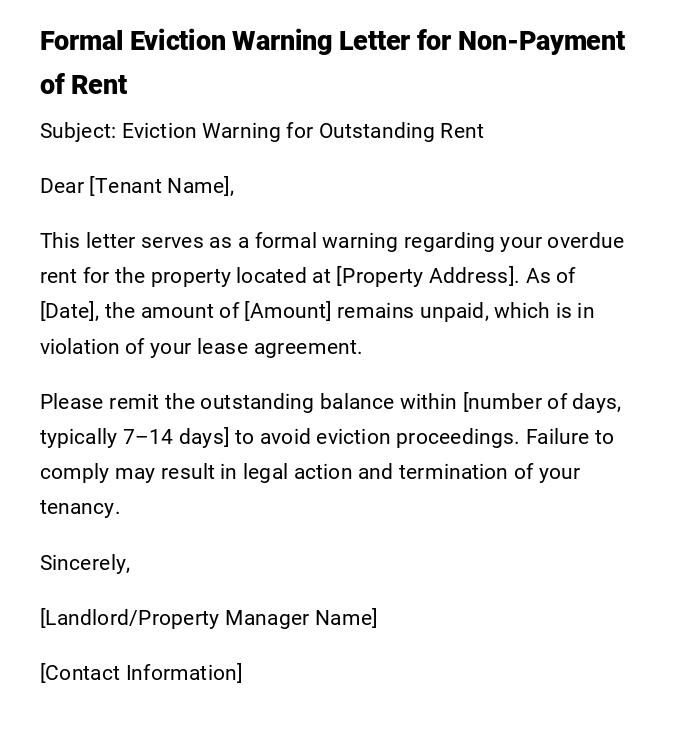 Formal Eviction Warning Letter for Non-Payment of Rent Formal Eviction Warning Letter for Non-Payment of Rent