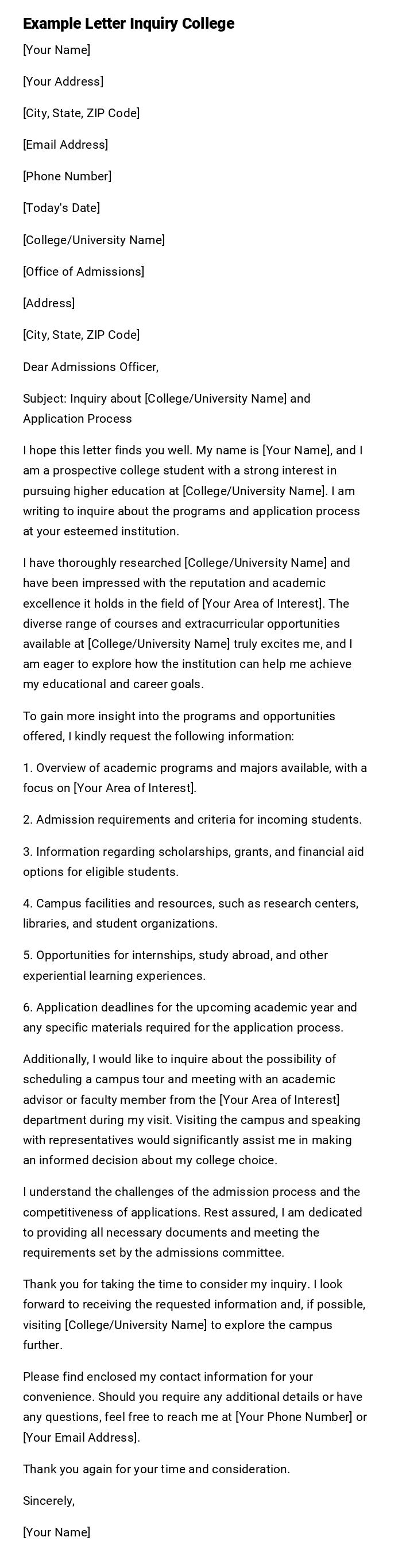 Example Letter Inquiry College Example Letter Inquiry College