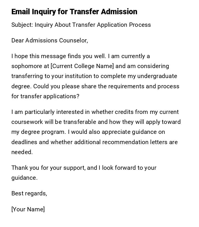 Email Inquiry for Transfer Admission Email Inquiry for Transfer Admission