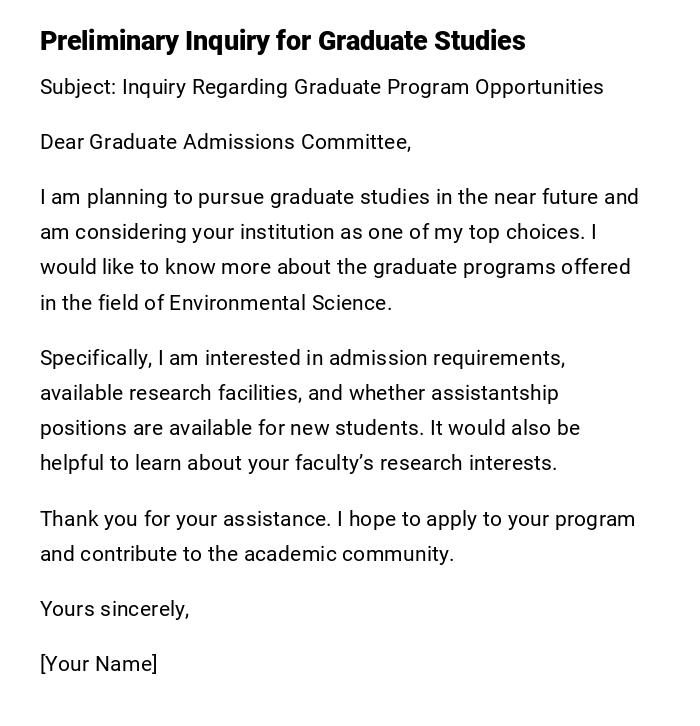 Preliminary Inquiry for Graduate Studies Preliminary Inquiry for Graduate Studies