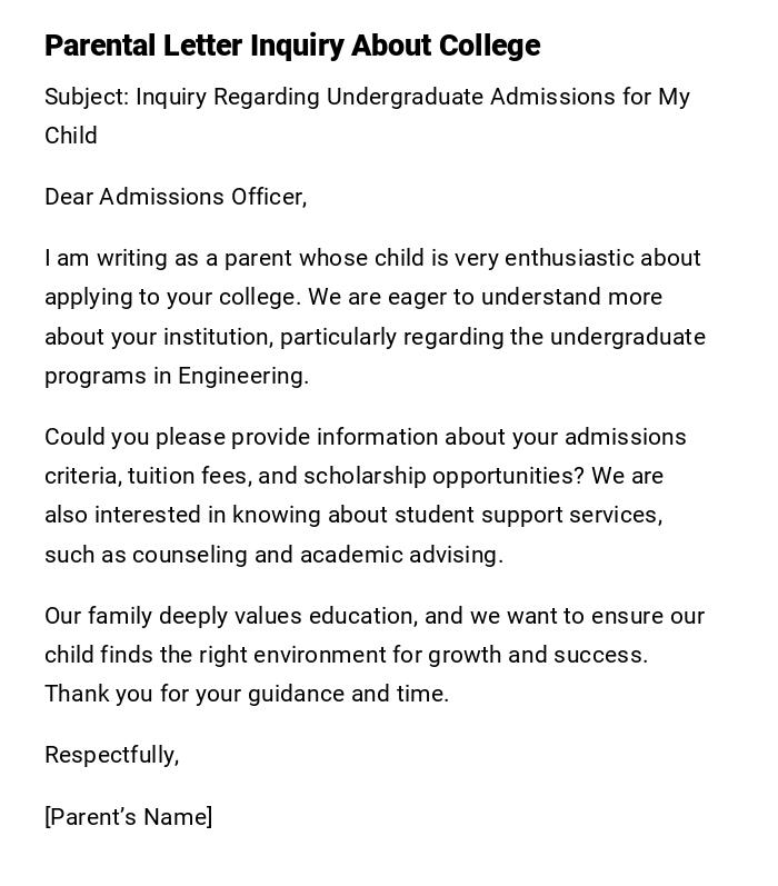 Parental Letter Inquiry About College Parental Letter Inquiry About College