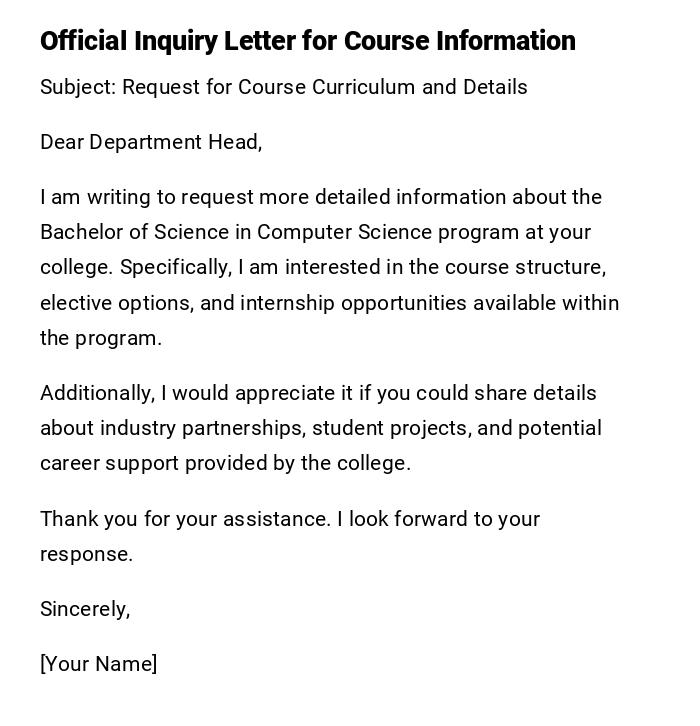 Official Inquiry Letter for Course Information Official Inquiry Letter for Course Information