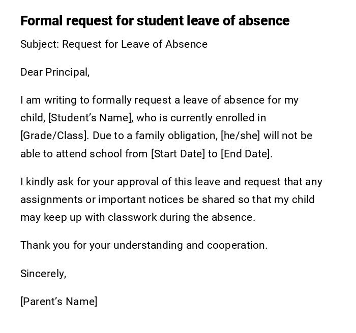Formal request for student leave of absence Formal request for student leave of absence