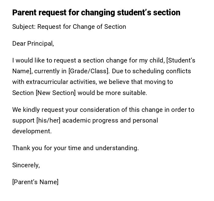 Parent request for changing student’s section Parent request for changing student’s section