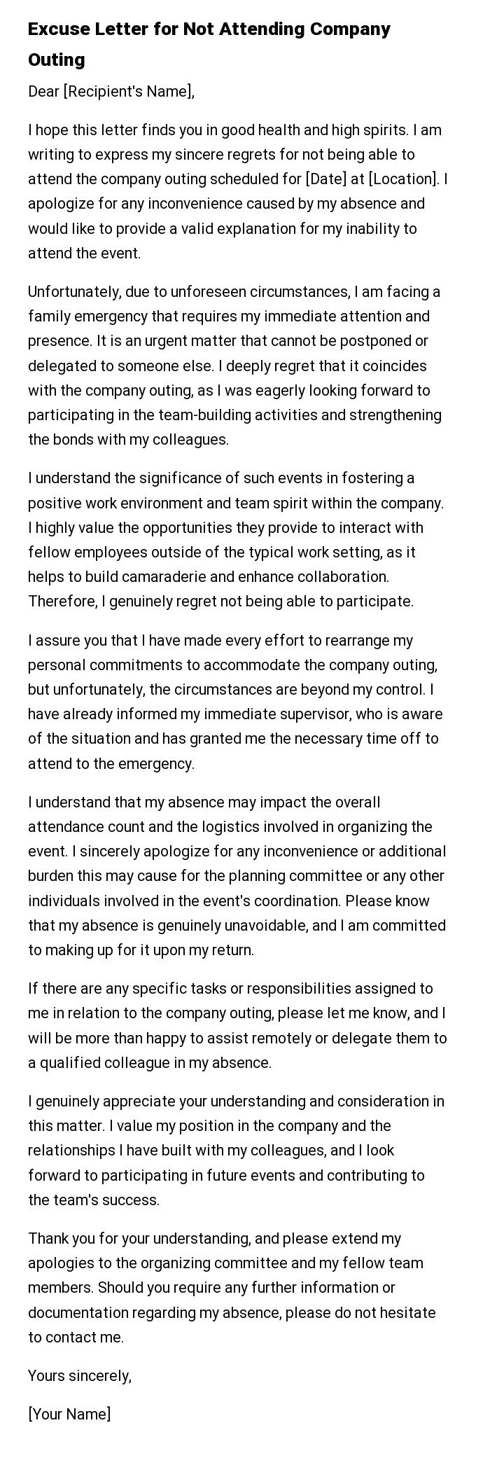 Excuse Letter for Not Attending Company Outing