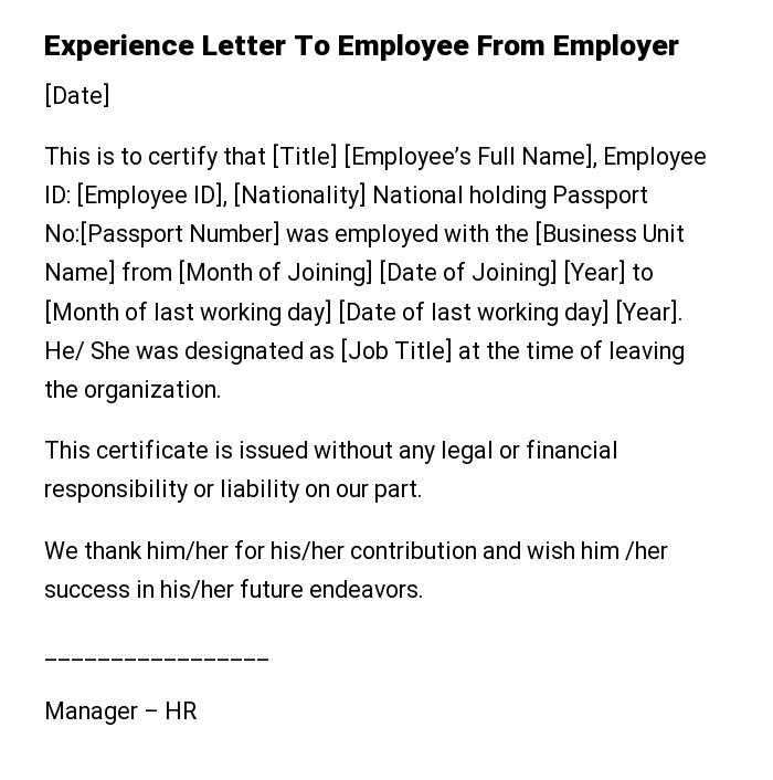 Experience Letter To Employee From Employer
