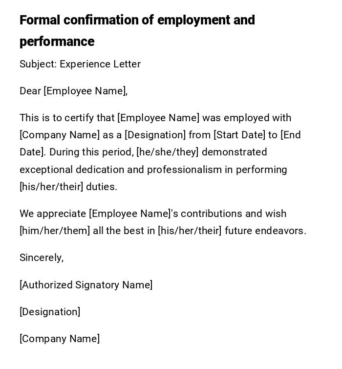 Formal confirmation of employment and performance Formal confirmation of employment and performance