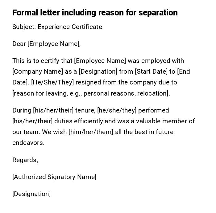 Formal letter including reason for separation Formal letter including reason for separation