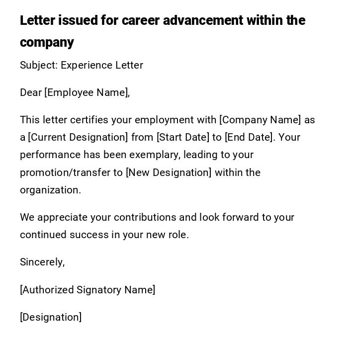Letter issued for career advancement within the company Letter issued for career advancement within the company