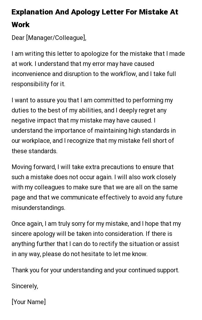 Explanation And Apology Letter For Mistake At Work