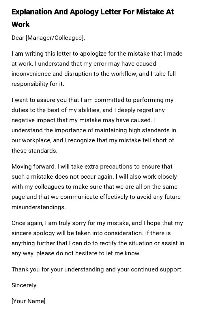 Explanation And Apology Letter For Mistake At Work