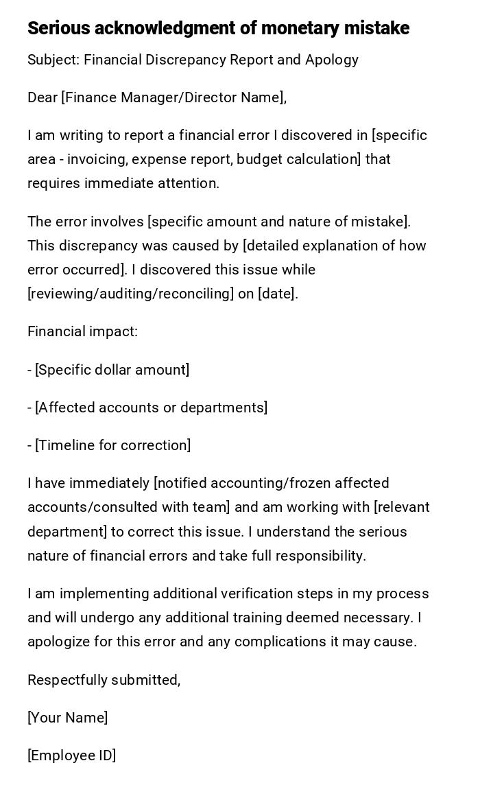 Serious acknowledgment of monetary mistake Serious acknowledgment of monetary mistake