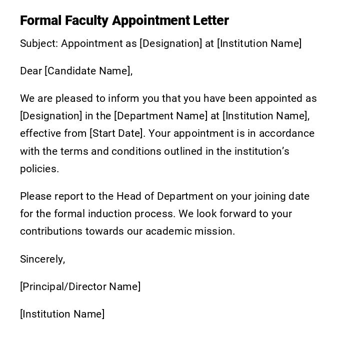 Formal Faculty Appointment Letter Formal Faculty Appointment Letter