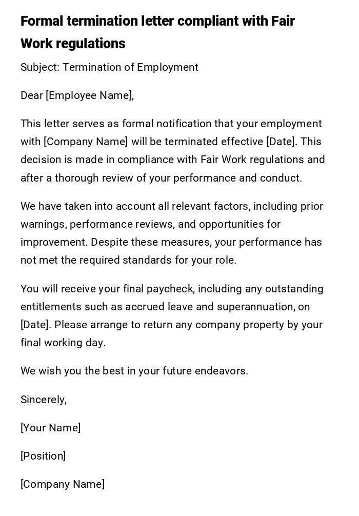 Formal termination letter compliant with Fair Work regulations