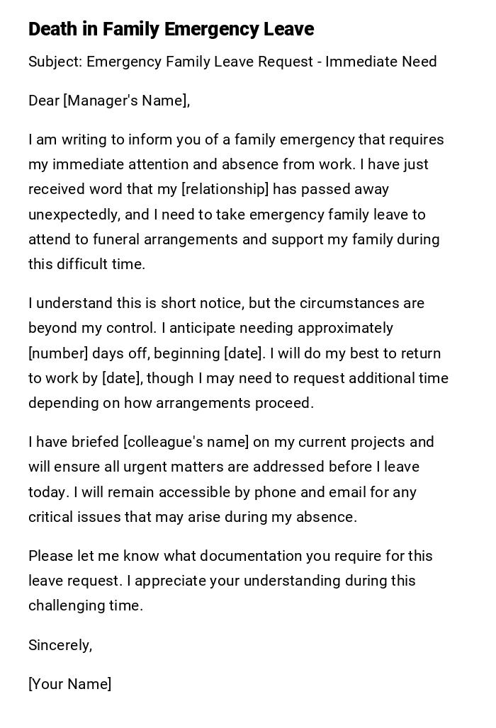 Death in Family Emergency Leave Death in Family Emergency Leave