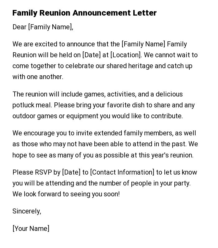 Family Reunion Announcement Letter