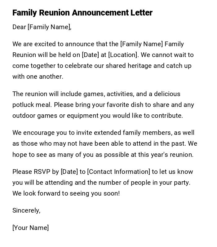 Family Reunion Announcement Letter