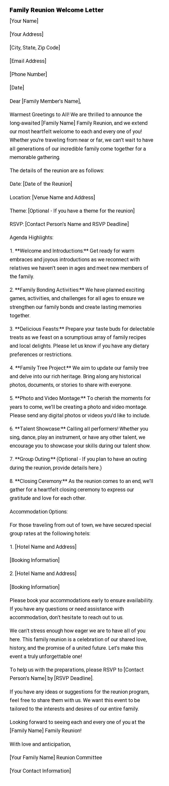 Family Reunion Welcome Letter