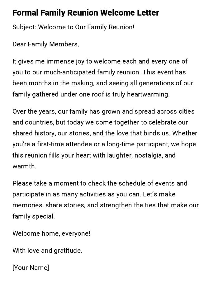 Formal Family Reunion Welcome Letter