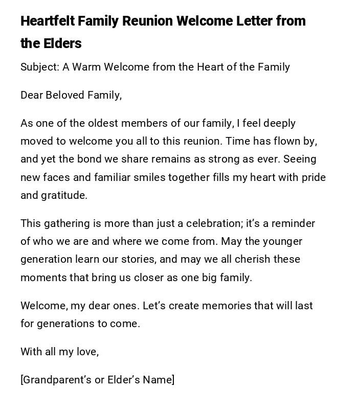 Heartfelt Family Reunion Welcome Letter from the Elders