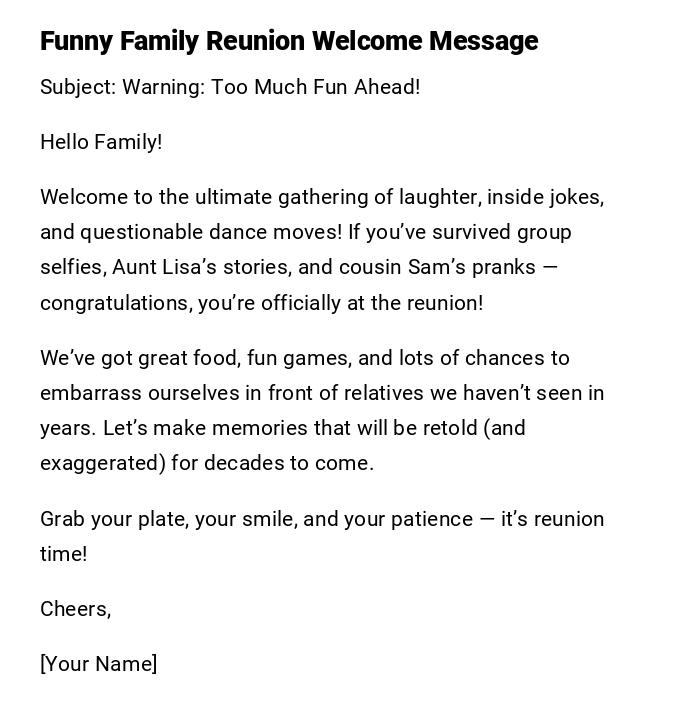 Funny Family Reunion Welcome Message